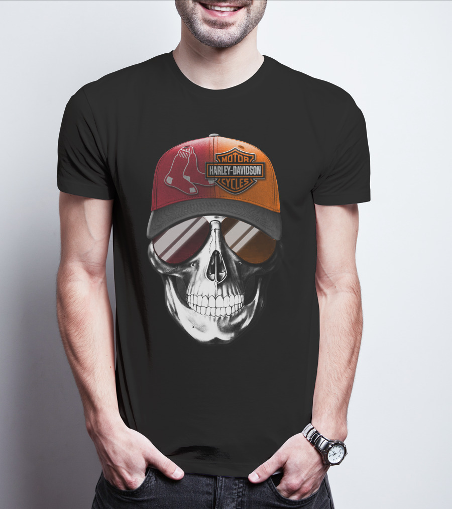 Harley Davidson Red Sox Skull Hat T-Shirt