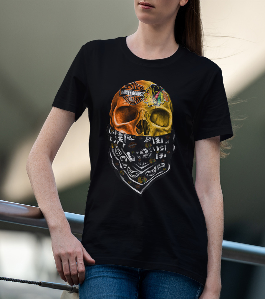 Harley Davidson Motorcycles Skull With Blackhawks Bandana T-Shirt