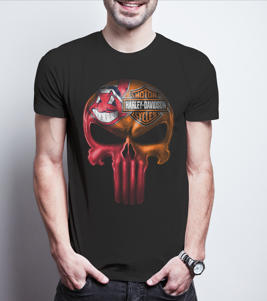 Harley Davidson Skull With Cleveland Indians Chief Wahoo Crossbones T-Shirt