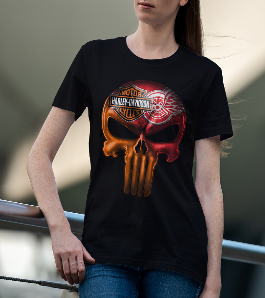 Harley Davidson Motorcycles Detroit Red Wings Punisher Skull T-Shirt