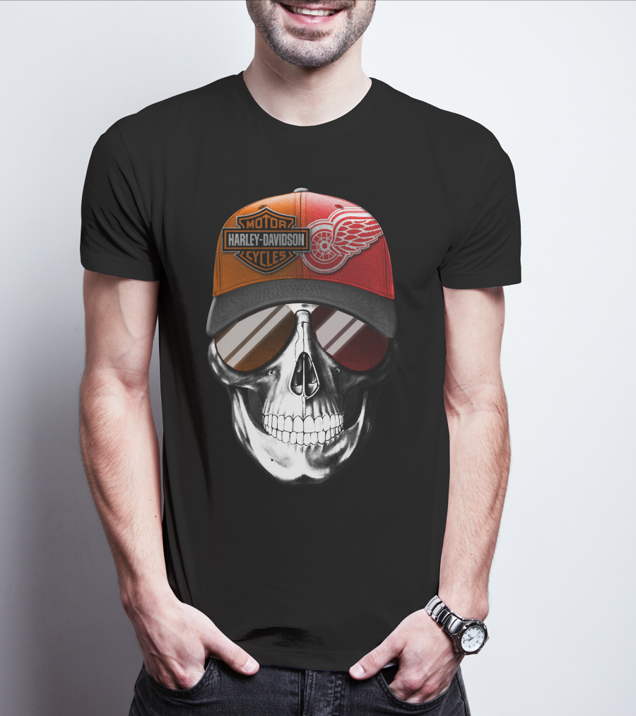 Harley Davidson Motor Cycles Red Wings Skull Cap T-Shirt