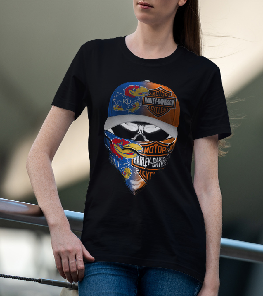 Ku Jayhawks Harley Davidson Skull Motorcycle Fan Gear T-Shirt