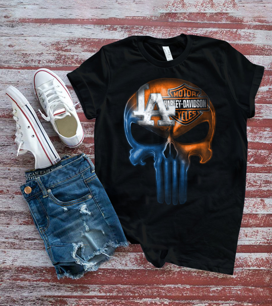 Los Angeles Dodgers Harley Davidson Biker Skull T-Shirt