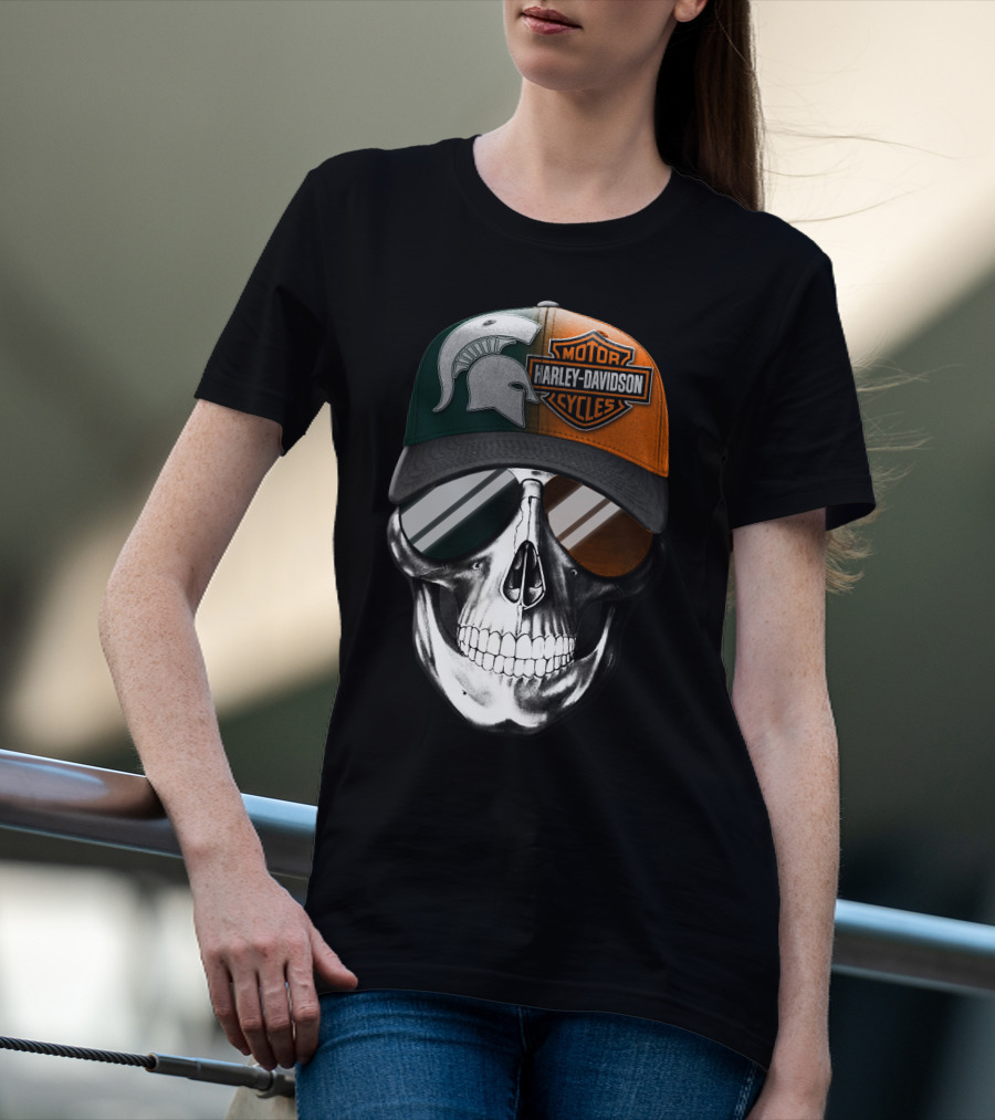 Skull With Michigan State Spartan And Harley Davidson Motorcycles Cap T-Shirt