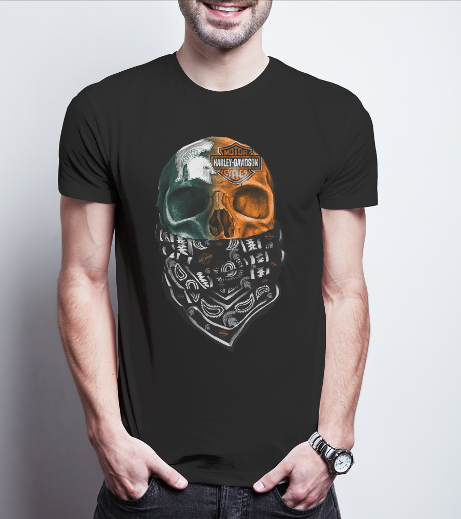 Harley Davidson Skull With Michigan State Spartans Bandana T-Shirt