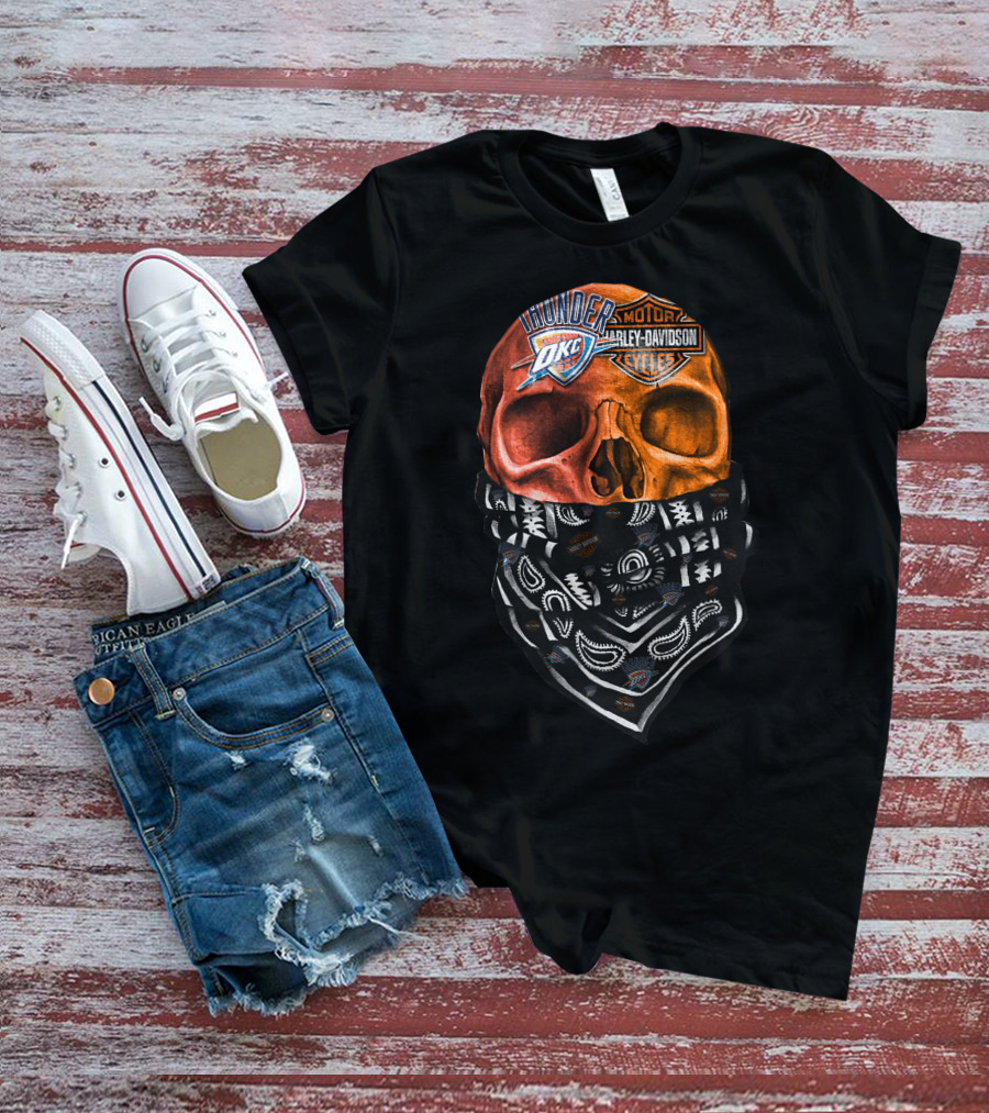 Oklahoma City Thunder Harley Davidson Skull With Bandana T-Shirt