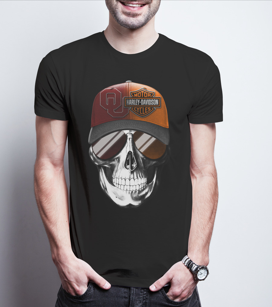 Harley Davidson Motorcycles Oklahoma Sooners Cap Skull T-Shirt