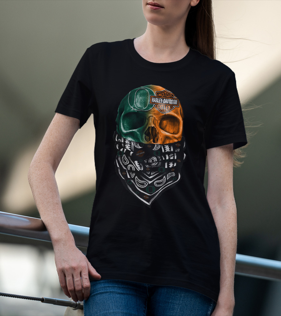 Harley Davidson Motorcycles Dual-Tone Skull With Bandana And Logos T-Shirt