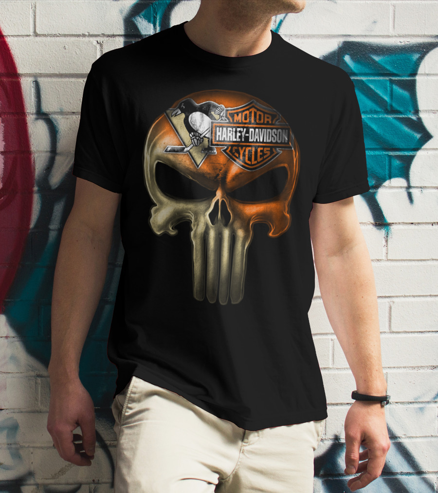Penguins Harley Davidson Punisher Skull T-Shirt