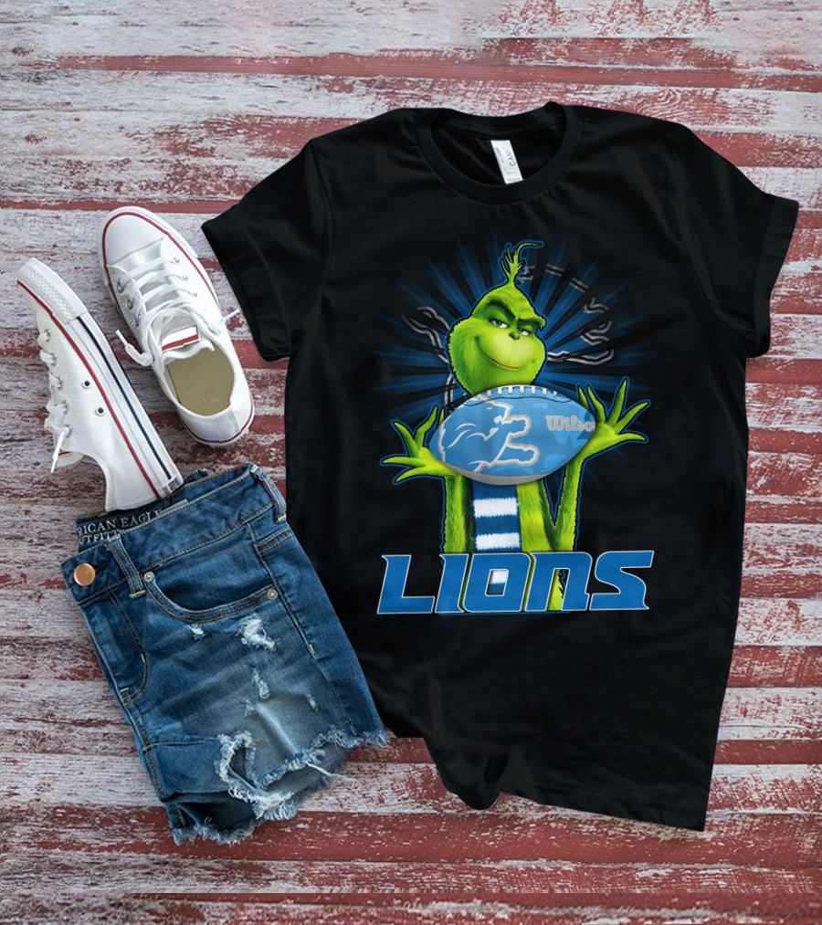 Grinch Holding Detroit Lions Wilson Football T-Shirt