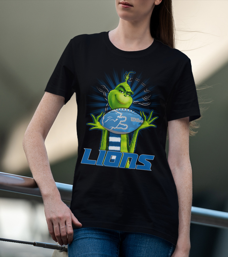 Grinch Holding Detroit Lions Wilson Football T-Shirt