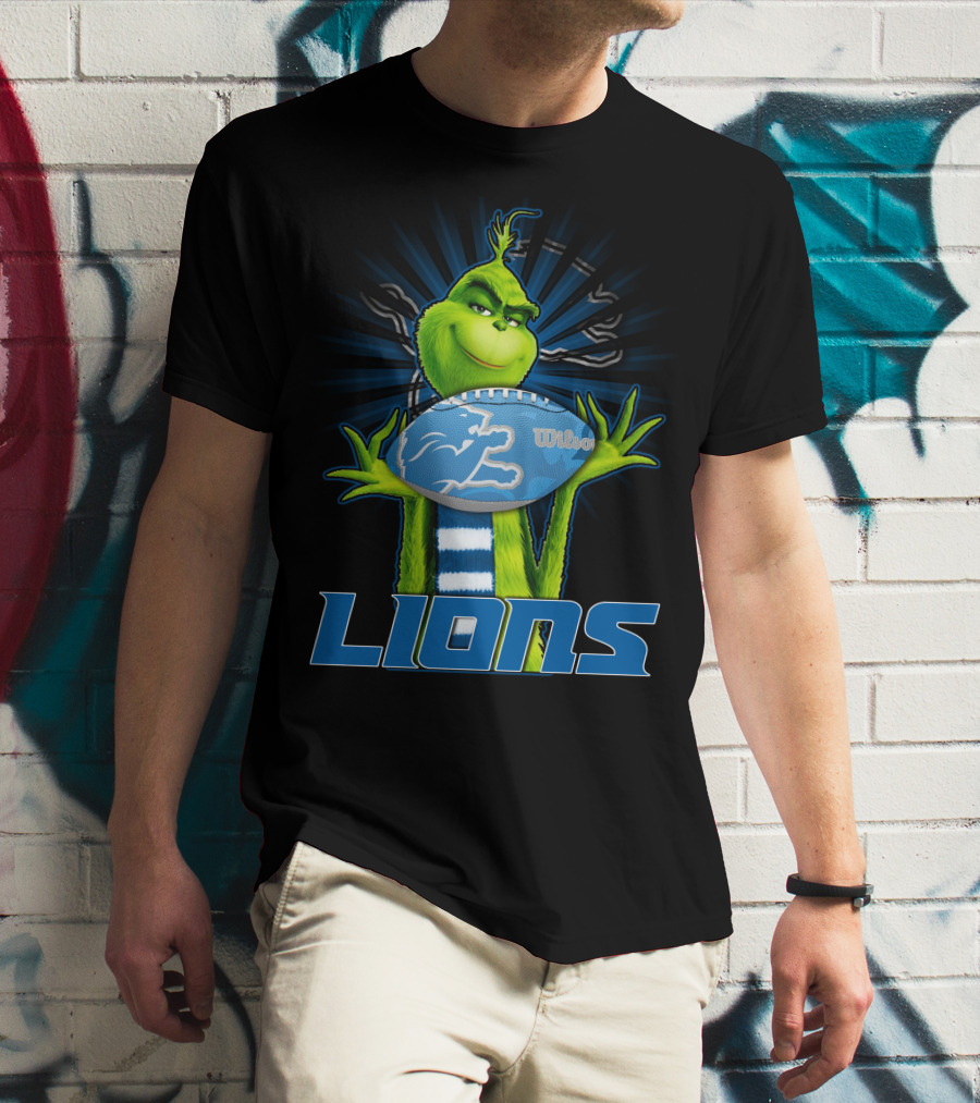 Grinch Holding Detroit Lions Wilson Football T-Shirt