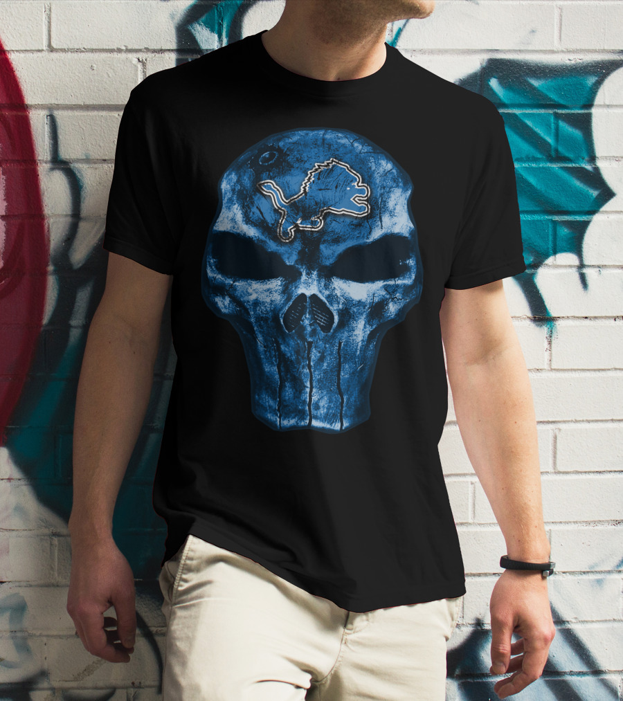 Skull Detroit Lions Blue Grunge T-Shirt
