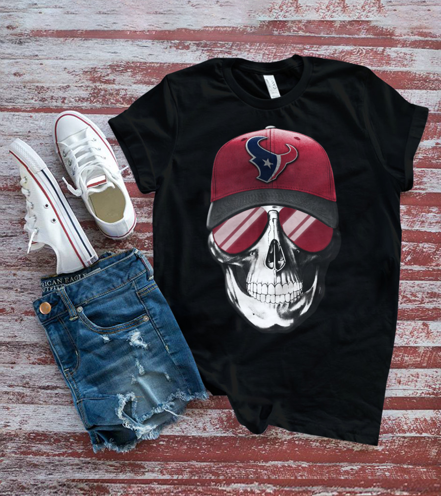 Skull With Red Cap Featuring Houston Texans Logo And Reflective Sunglasses T-Shirt