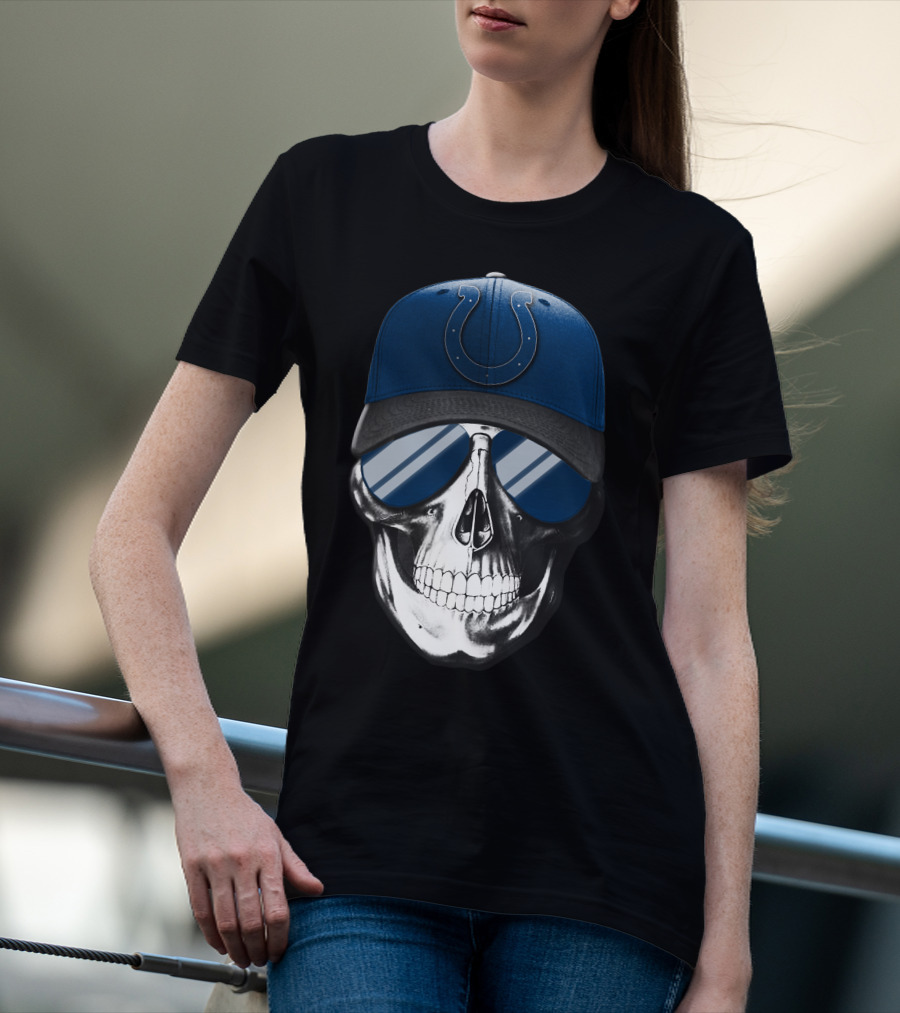 Indianapolis Colts Skull With Blue Cap And Sunglasses T-Shirt