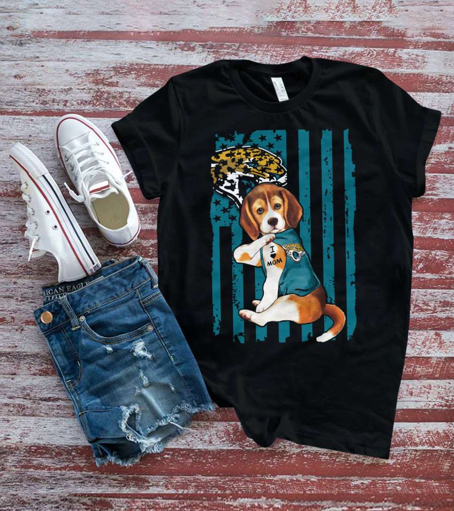 Beagle Wearing Jacksonville Jaguars Jersey With I Love Mom Tattoo And Jaguar T-Shirt