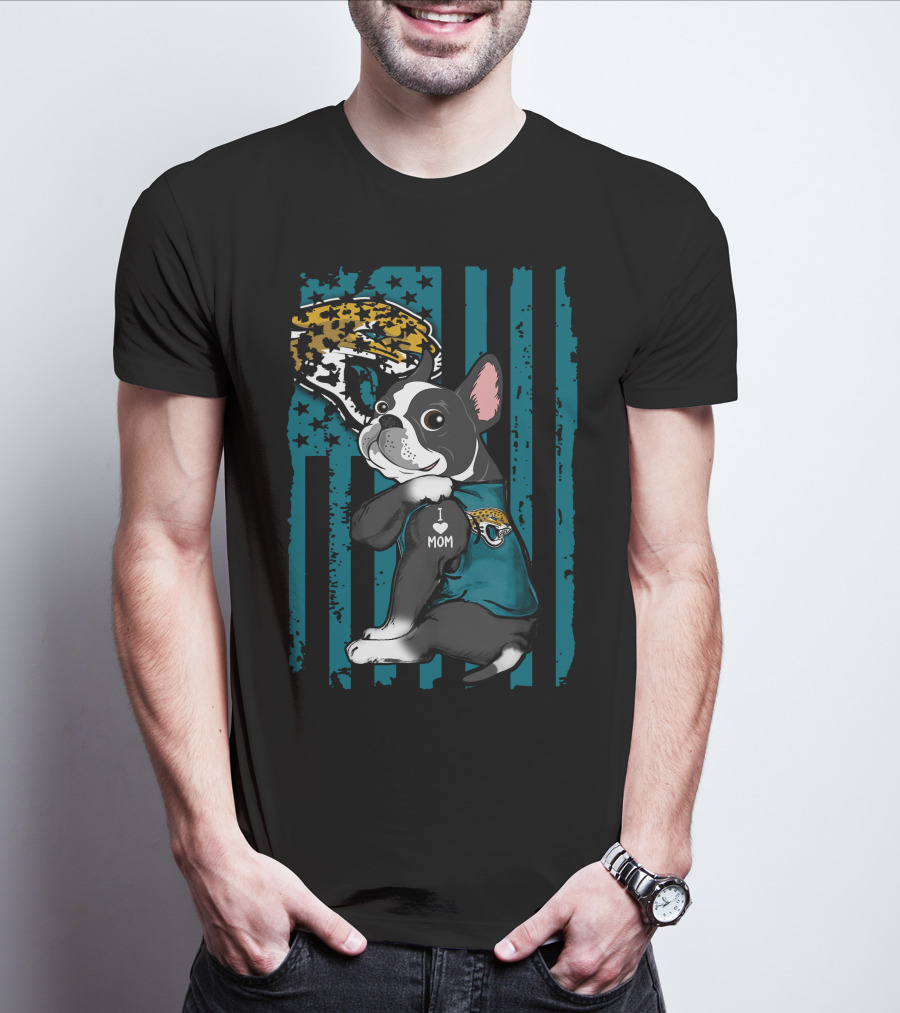 Boston Terrier I Love Mom Jacksonville Jaguars Fan Flag T-Shirt