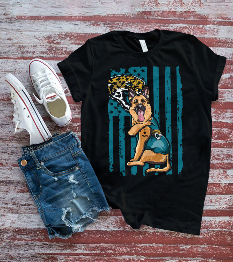 German Shepherd With Jacksonville Jaguars Tattoo And Flag Background T-Shirt