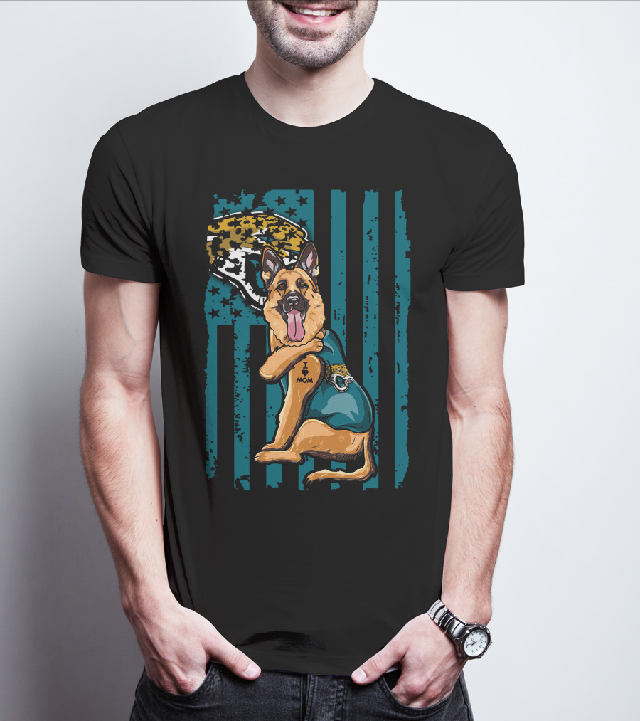 German Shepherd With Jacksonville Jaguars Tattoo And Flag Background T-Shirt
