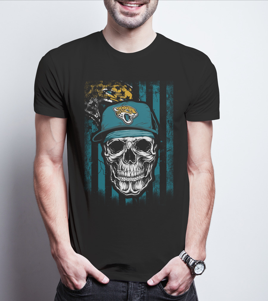 Skull In Jacksonville Jaguars Cap With Teal Stripes T-Shirt