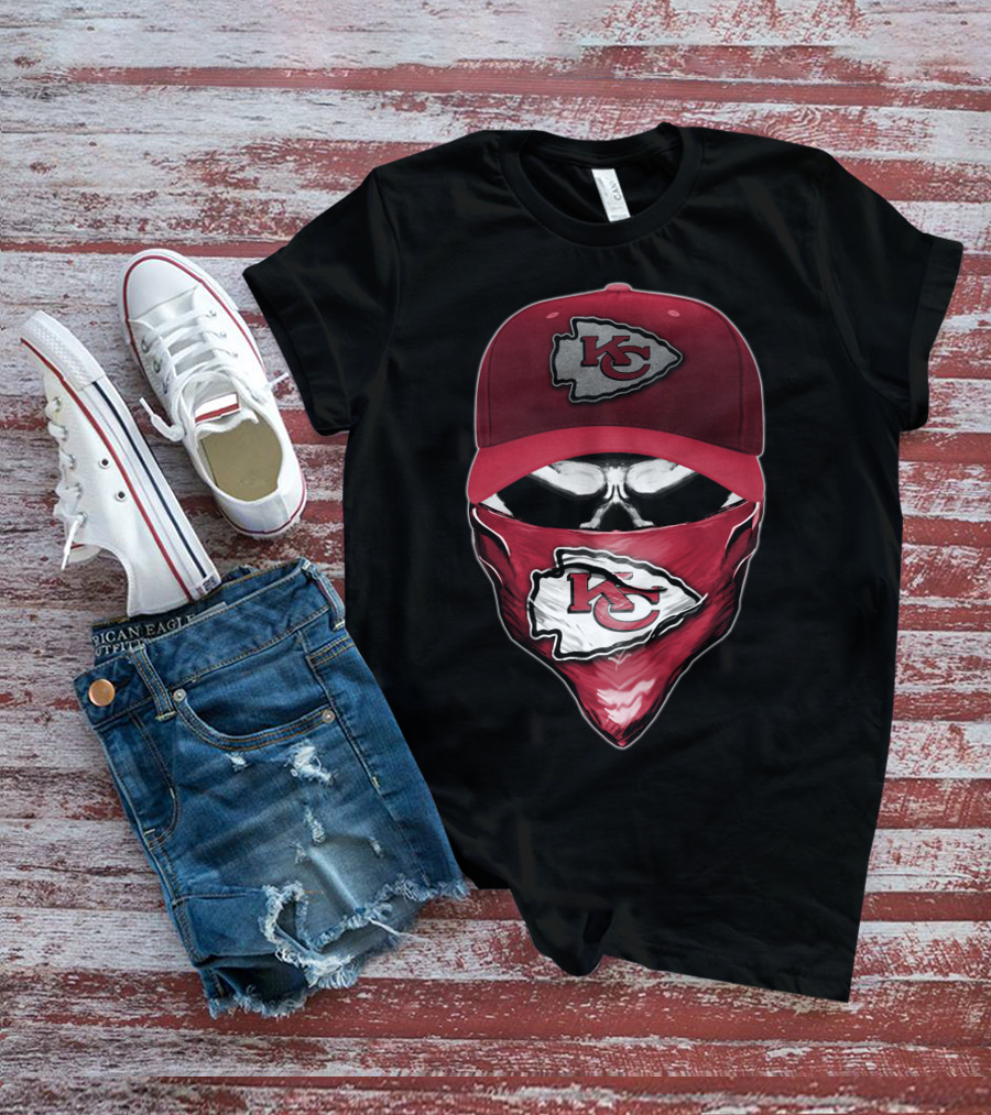 Skull With Kansas City Chiefs Cap And Bandana T-Shirt