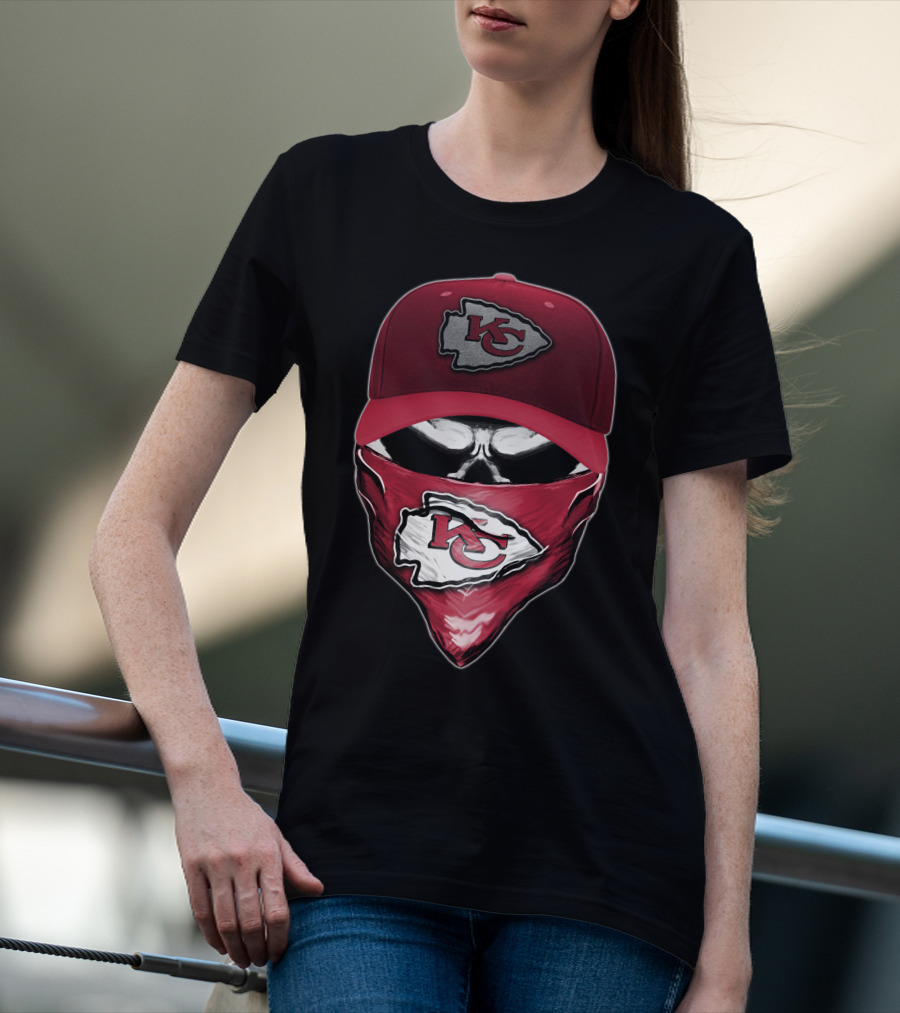 Skull With Kansas City Chiefs Cap And Bandana T-Shirt