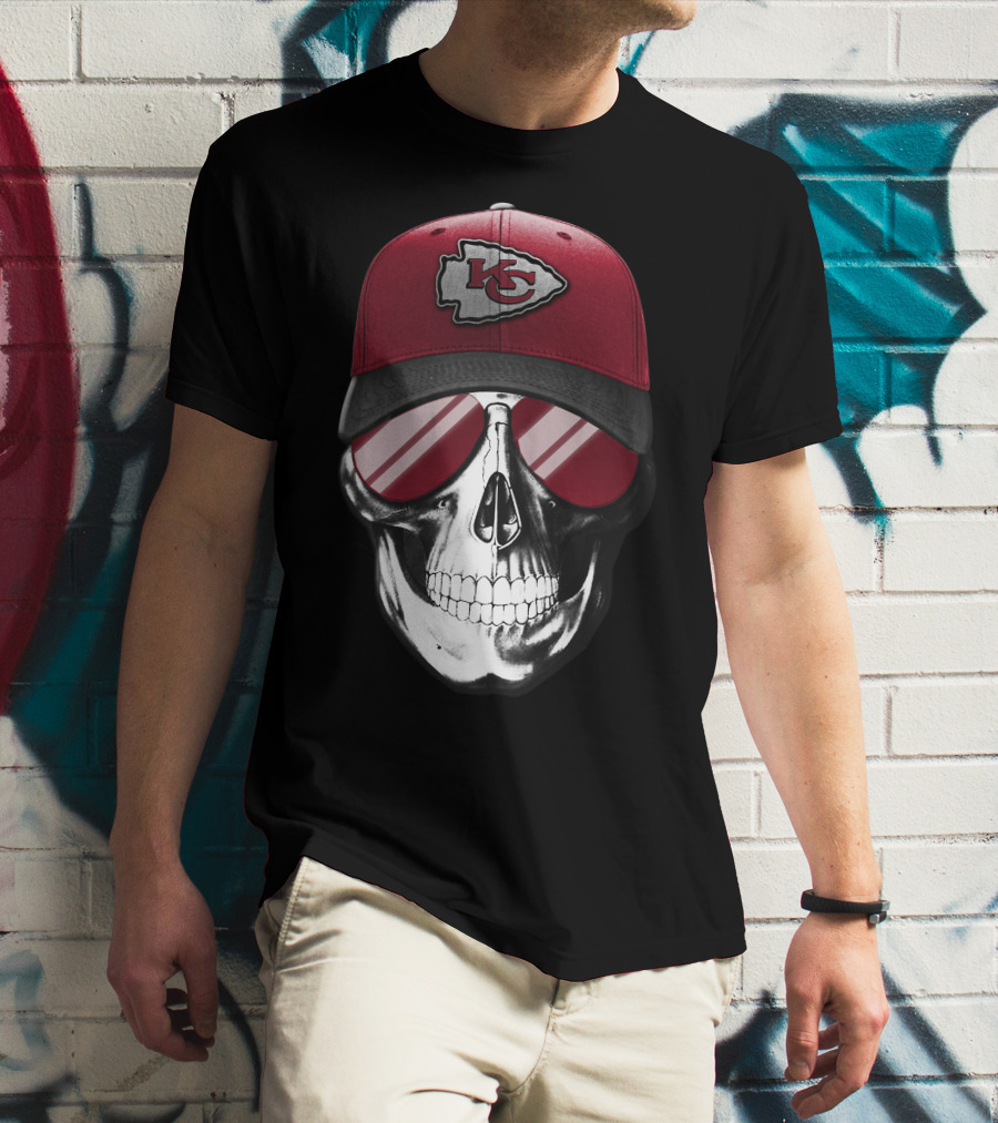 Skull With Kansas City Chiefs Hat And Sunglasses T-Shirt
