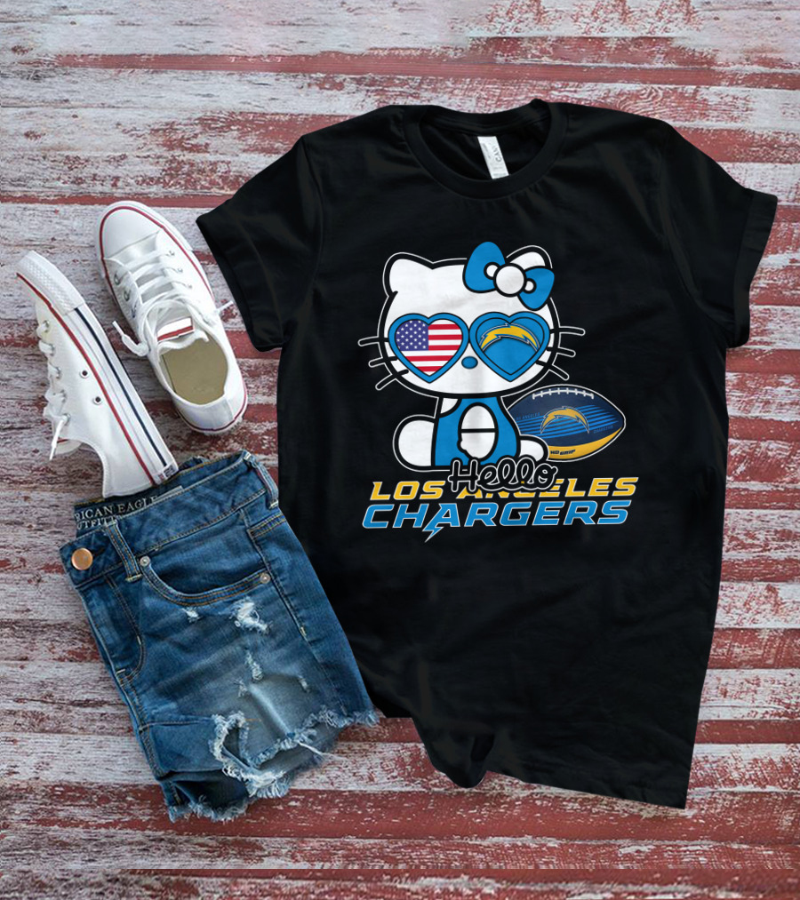 Hello Kitty Los Angeles Chargers Football American Flag Hearts T-Shirt
