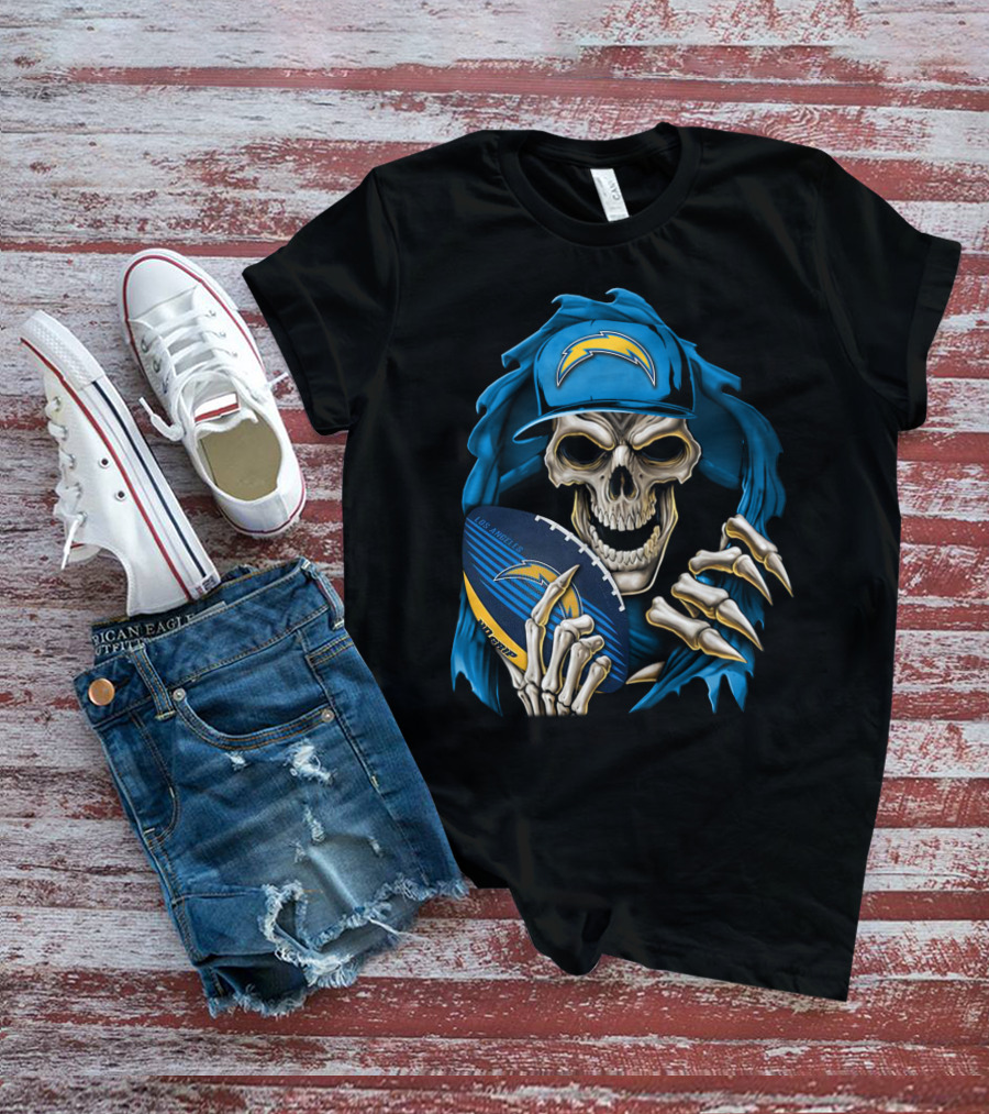 Skullbong Los Angeles Chargers Skeleton Holding Football With Blue Hood And Cap T-Shirt