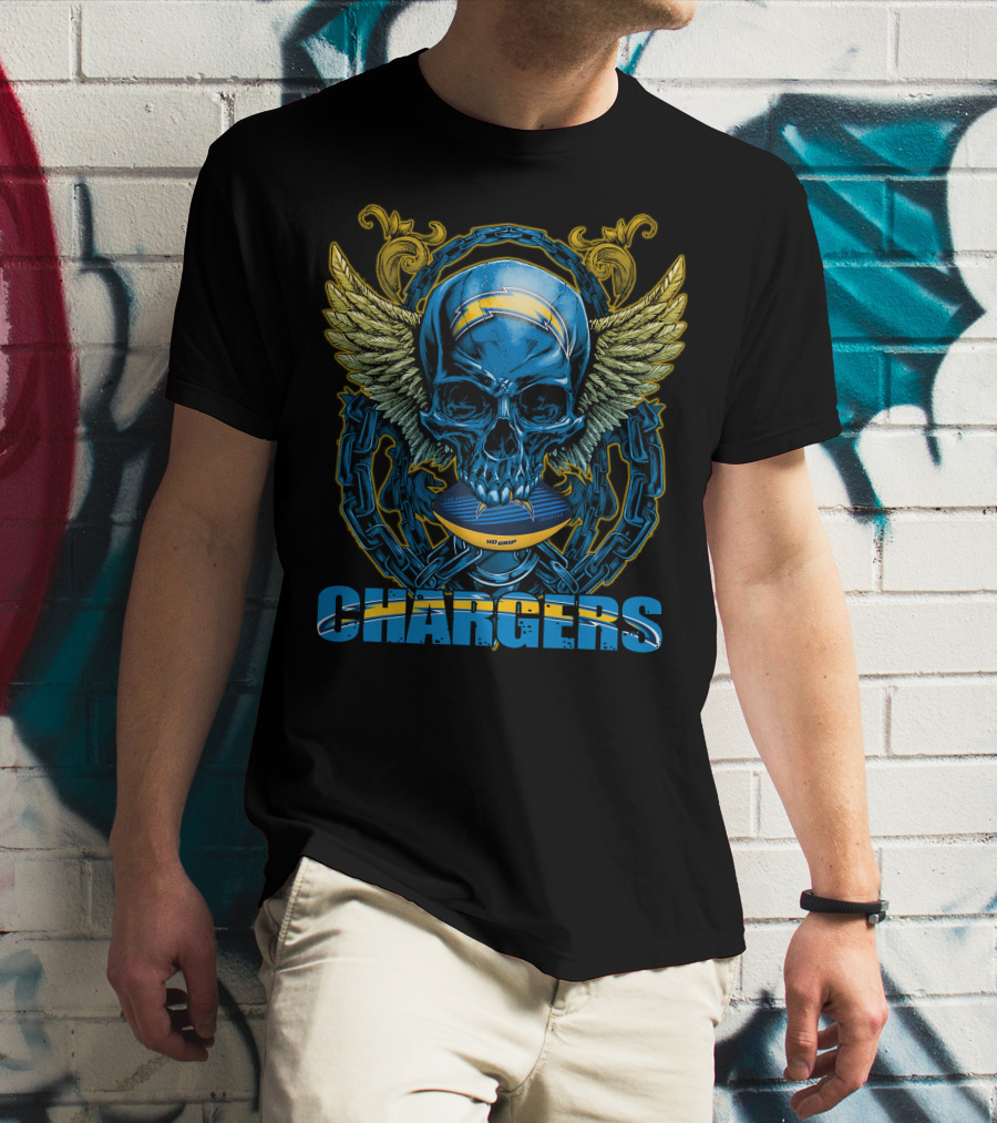 Skullfb Chargers Los Angeles Winged Skull Football Helmet And Chains T-Shirt