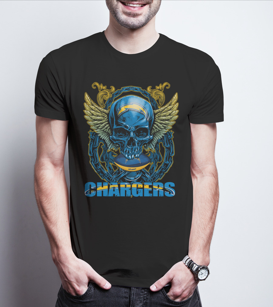 Skullfb Chargers Los Angeles Winged Skull Football Helmet And Chains T-Shirt