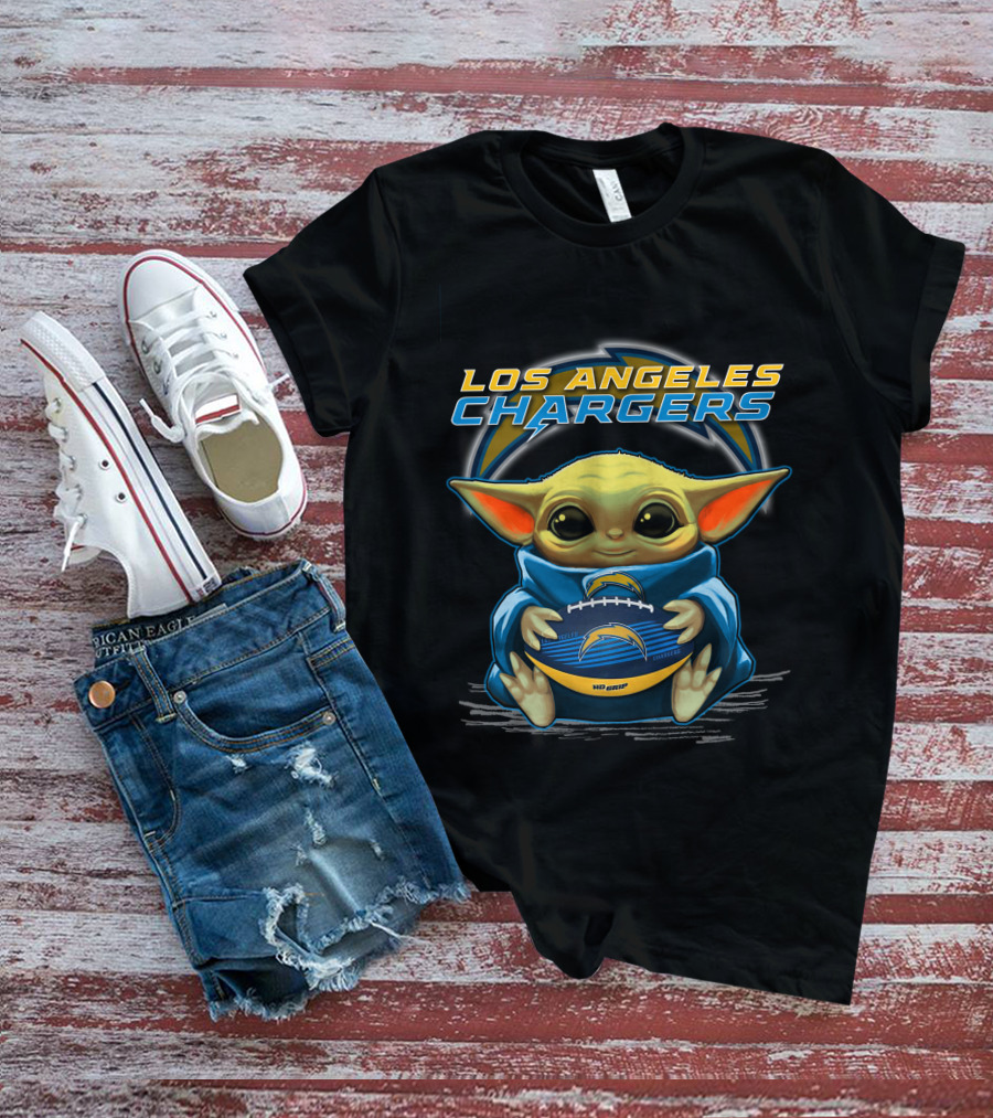 Los Angeles Chargers Baby Yoda Holding Football T-Shirt