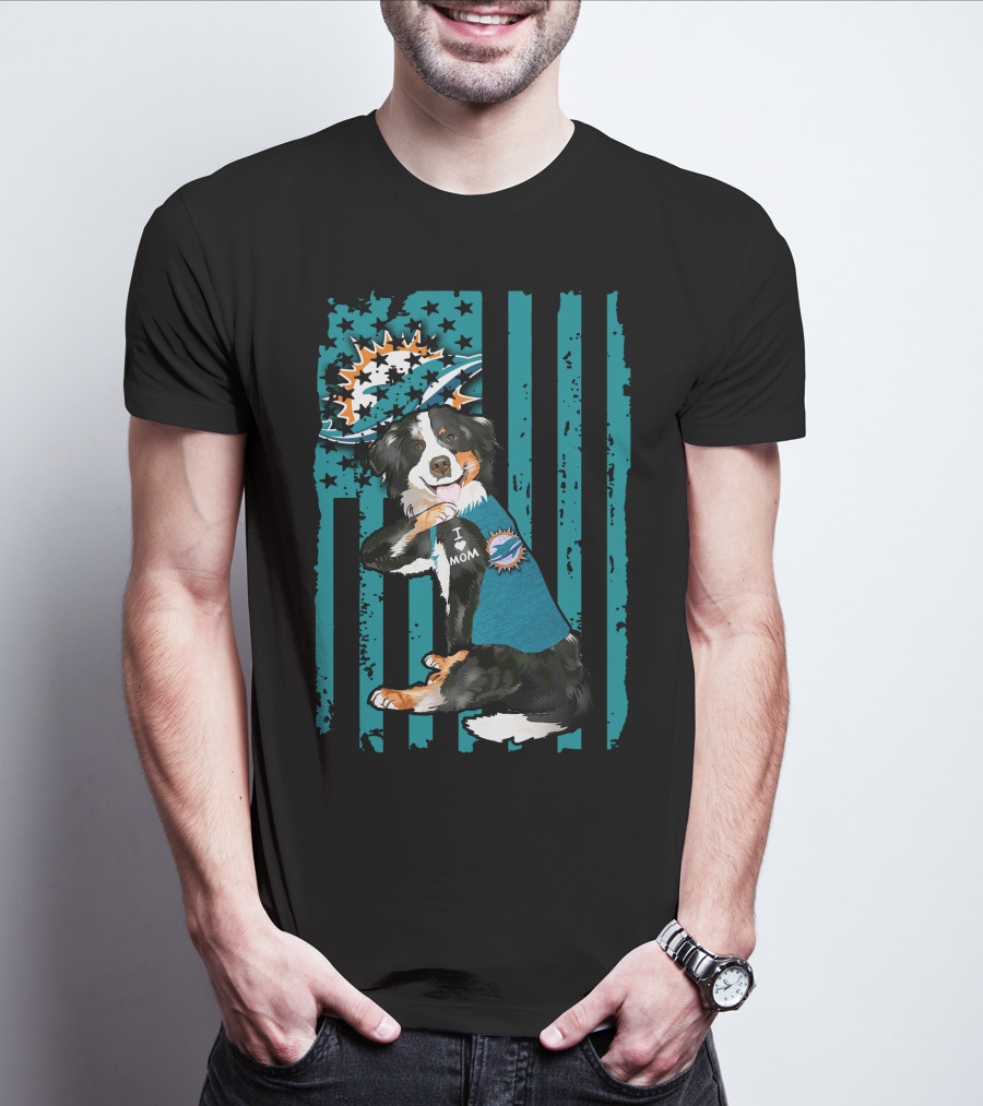 Border Collie I Love Mom Miami Dolphins Flag T-Shirt
