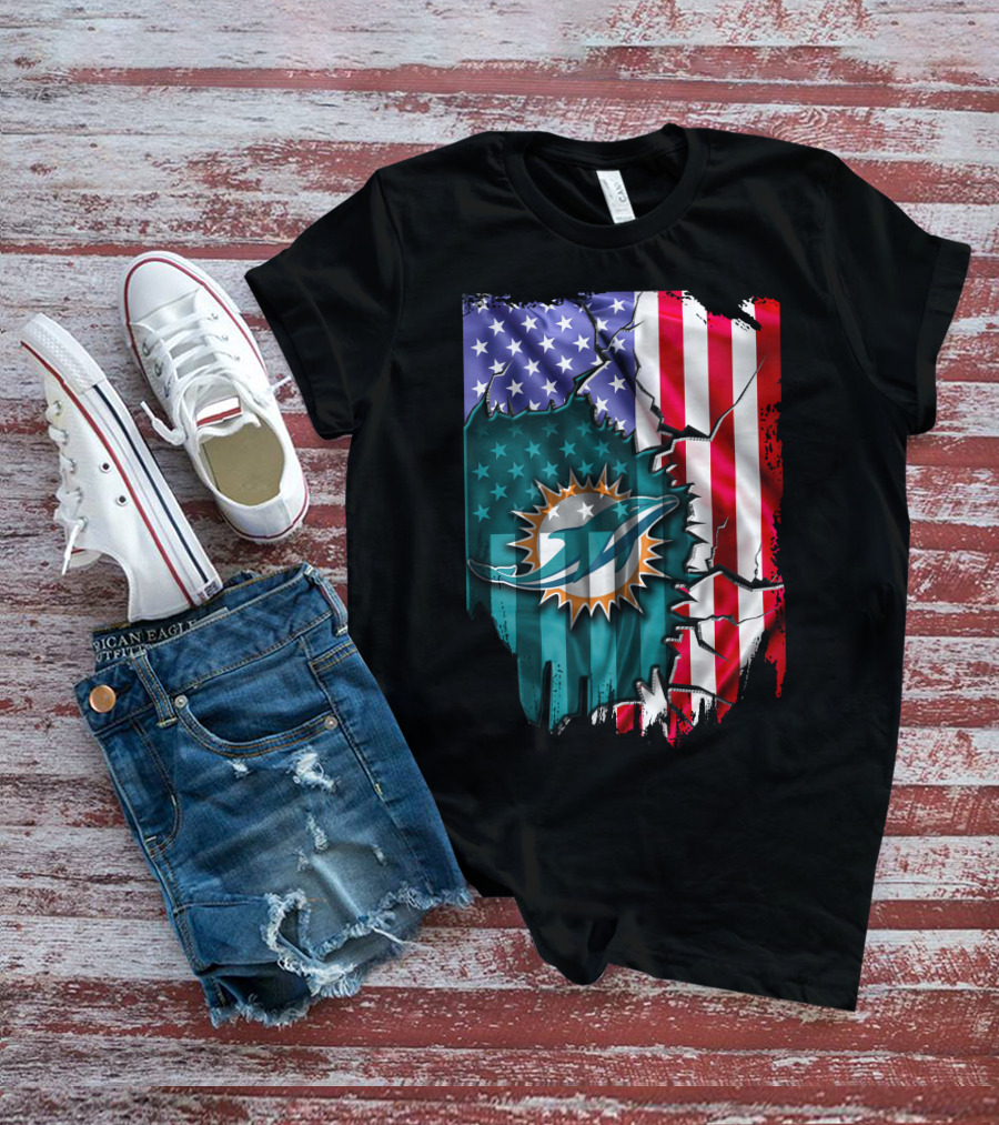 USA Flag Miami Dolphins Logo Cracked Effect T-Shirt