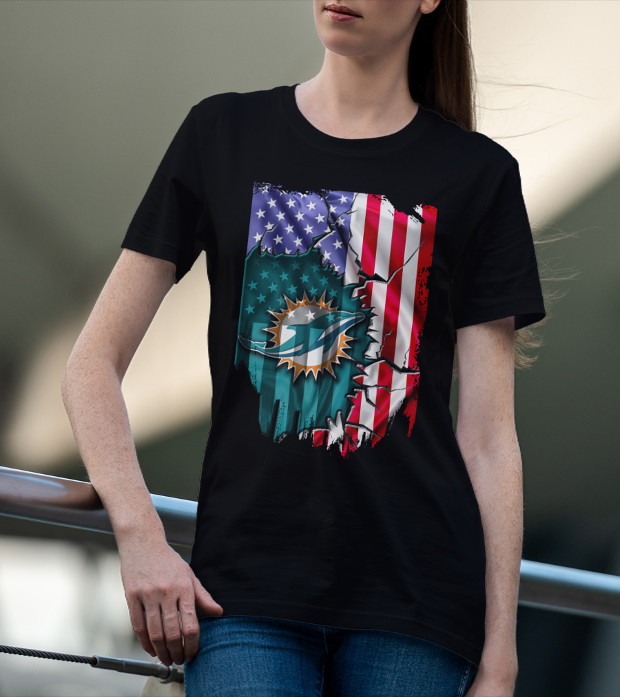 USA Flag Miami Dolphins Logo Cracked Effect T-Shirt