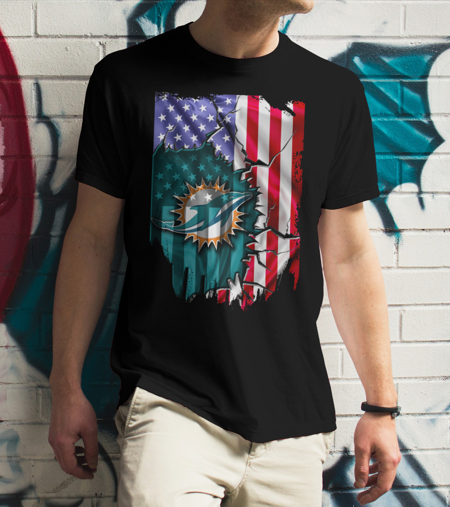 USA Flag Miami Dolphins Logo Cracked Effect T-Shirt