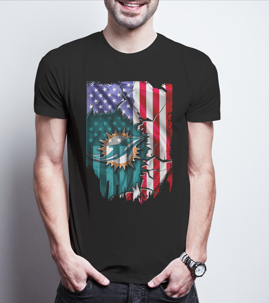 USA Flag Miami Dolphins Logo Cracked Effect T-Shirt