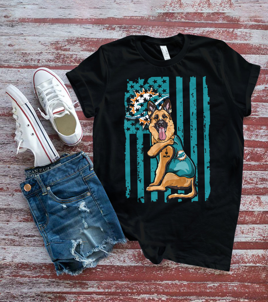 German Shepherd I Love Mom Miami Dolphins Fan T-Shirt