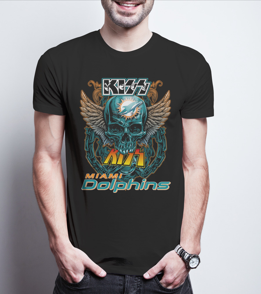 Kiss Miami Dolphins Skull Wings Logo Fusion T-Shirt