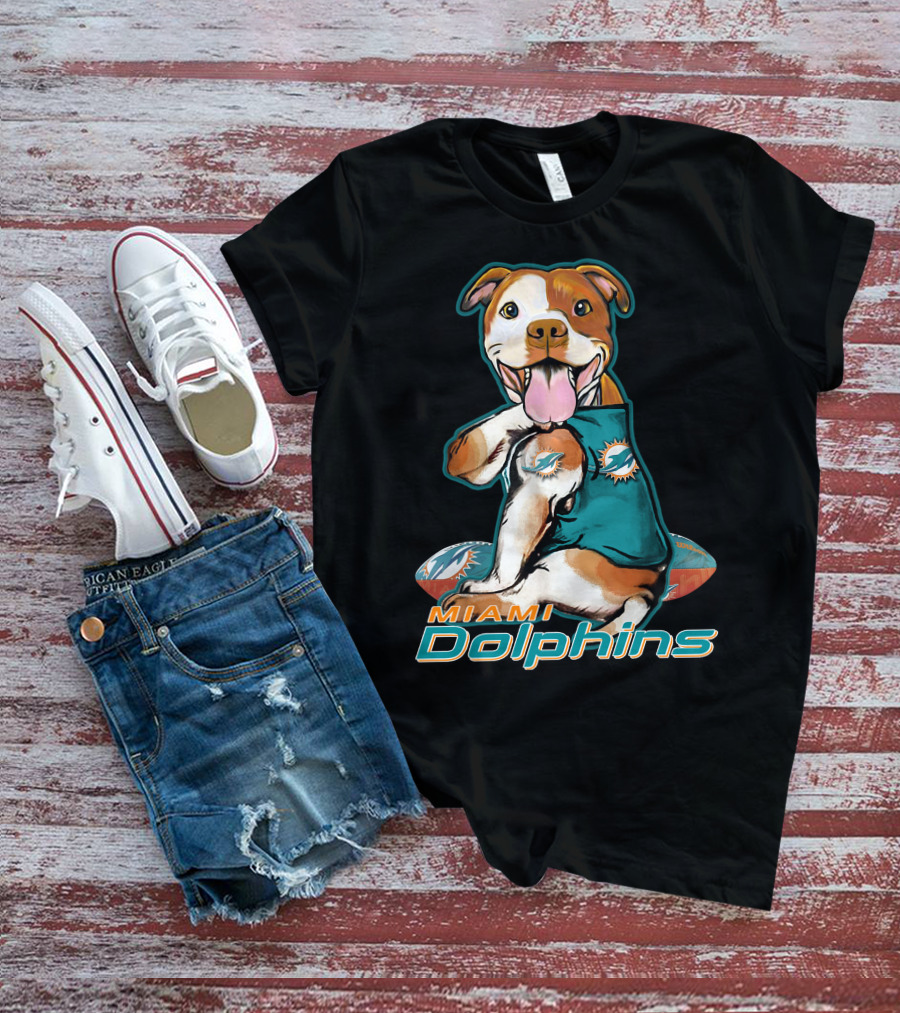 Pittbull Wearing Miami Dolphins Jersey With Logo And Football T-Shirt