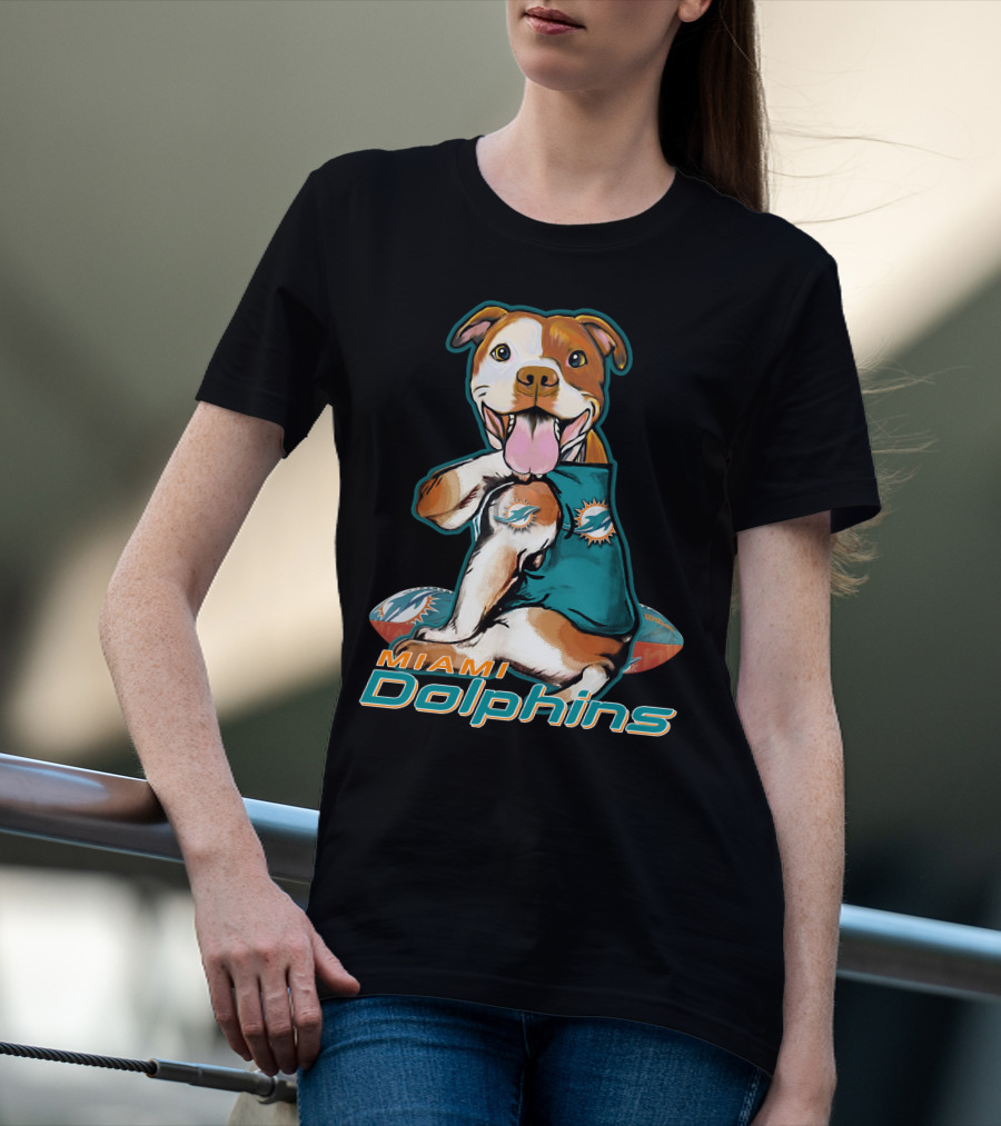 Pittbull Wearing Miami Dolphins Jersey With Logo And Football T-Shirt