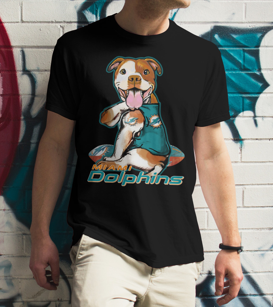 Pittbull Wearing Miami Dolphins Jersey With Logo And Football T-Shirt
