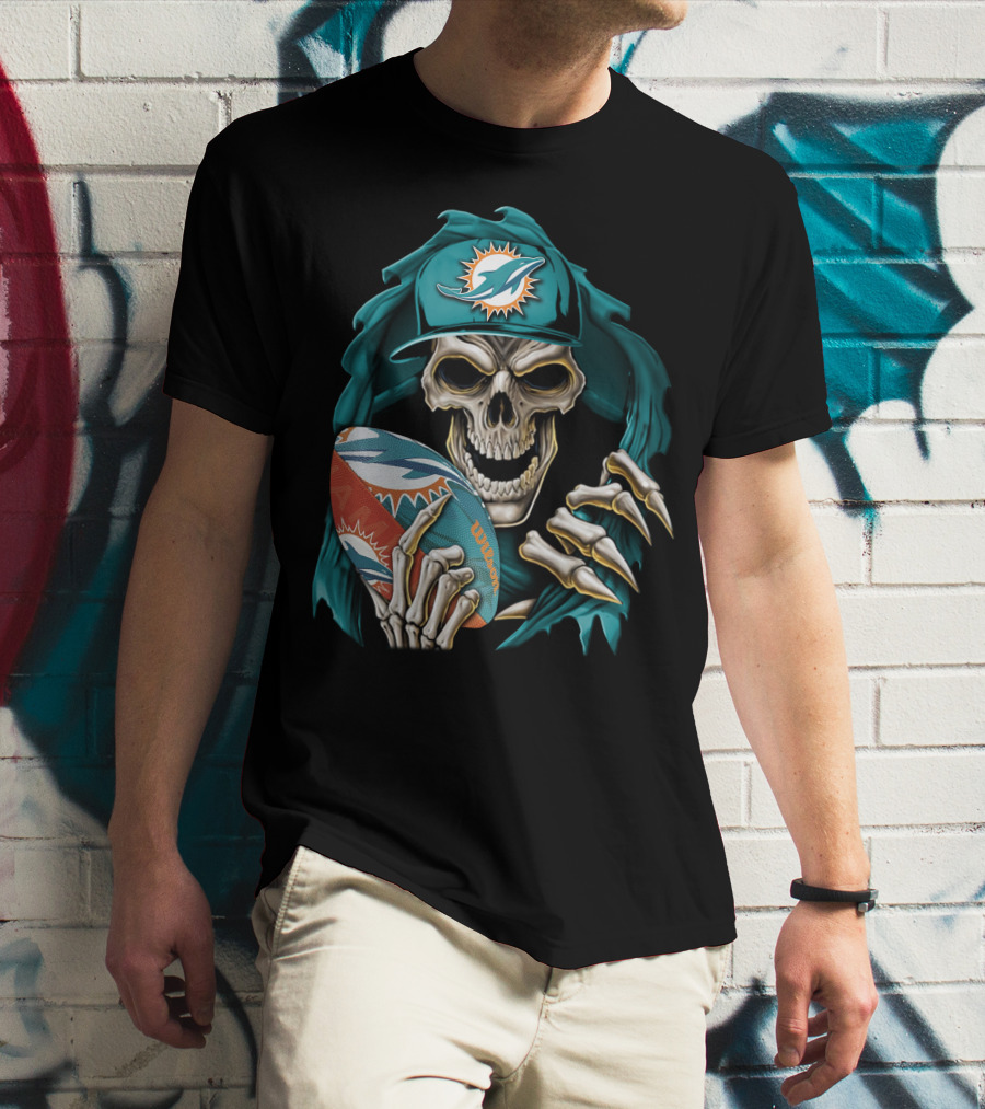 Skullbong Miami Dolphins Football Skeleton T-Shirt