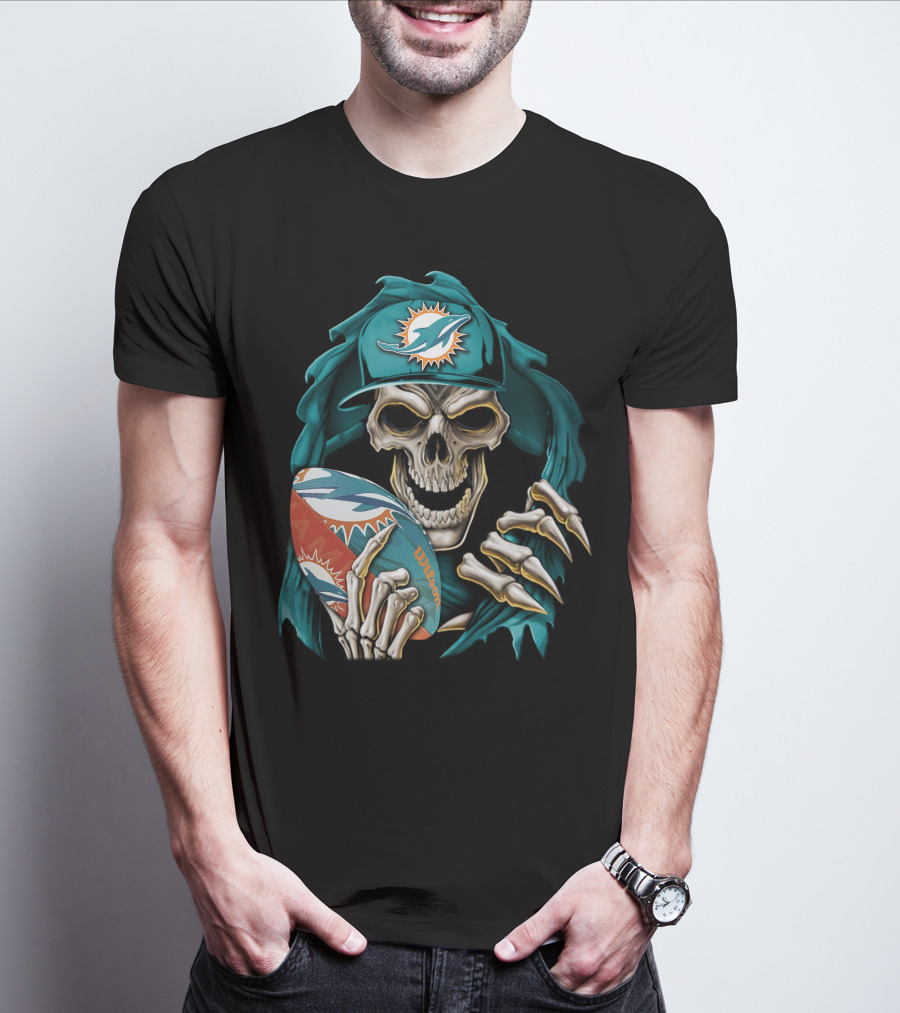 Skullbong Miami Dolphins Football Skeleton T-Shirt