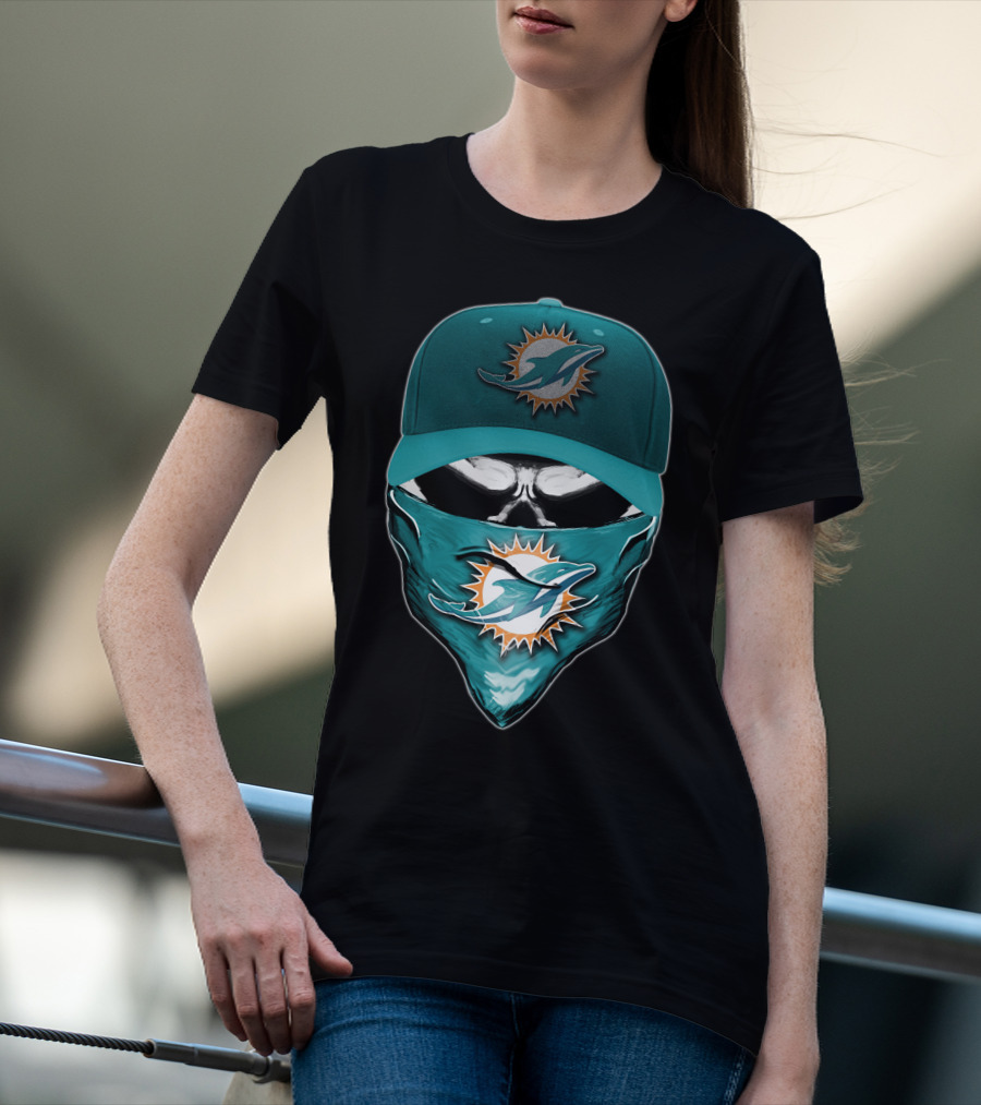 Skull Miami Dolphins Logo Hat And Bandana T-Shirt
