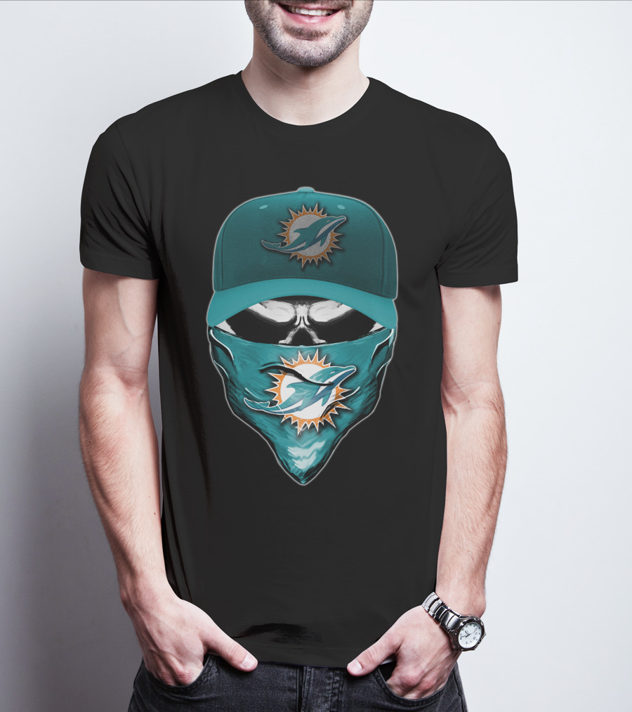 Skull Miami Dolphins Logo Hat And Bandana T-Shirt