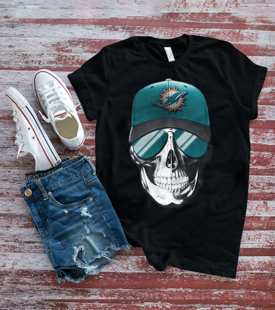 Skull With Miami Dolphins Hat And Sunglasses T-Shirt