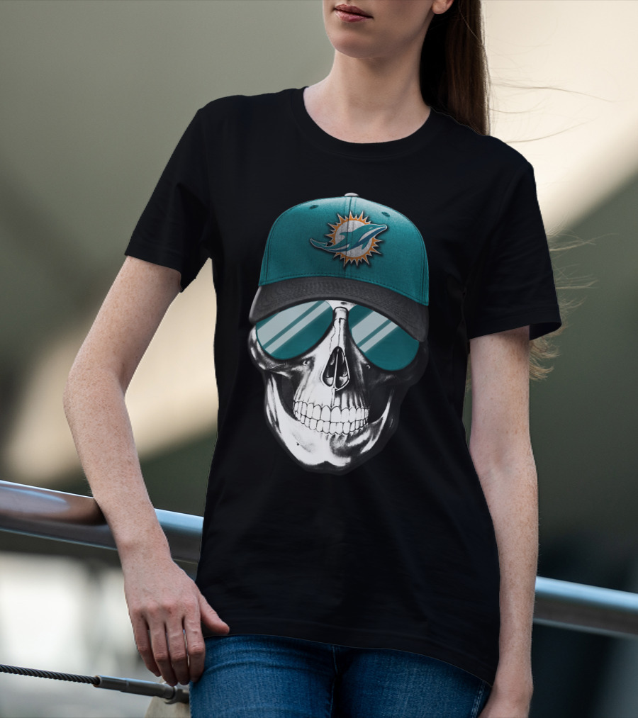 Skull With Miami Dolphins Hat And Sunglasses T-Shirt