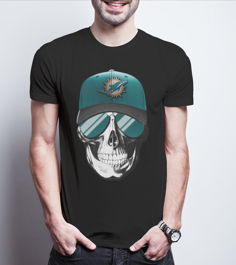 Skull With Miami Dolphins Hat And Sunglasses T-Shirt