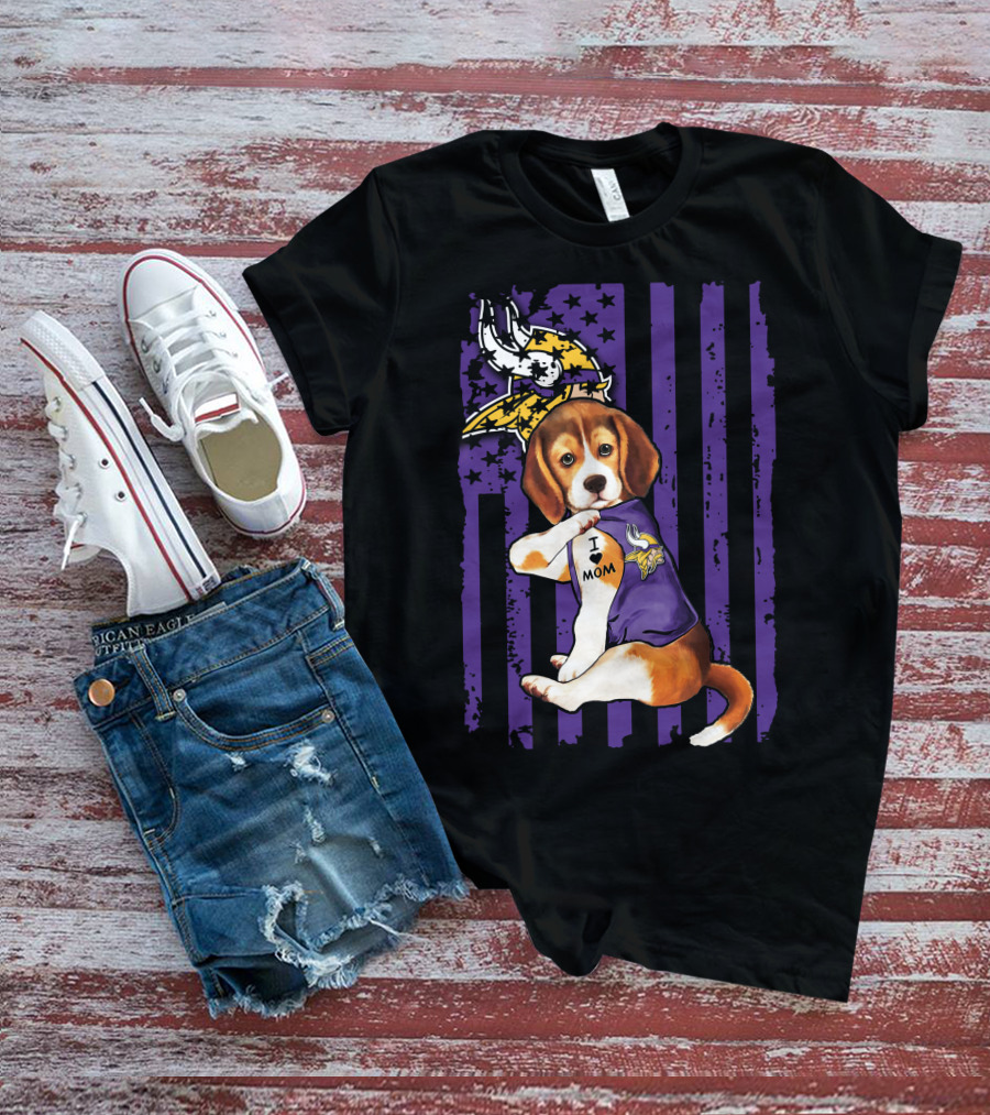 Beagle I Love Mom Minnesota Vikings Purple Flag T-Shirt